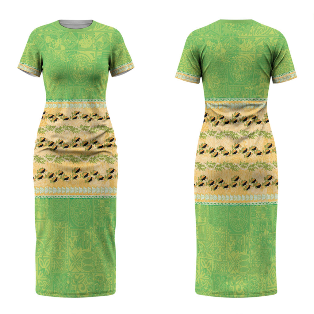 Hawaii Humuhumu Fish Maile Pikake Lei Couples Matching Short Sleeve Bodycon Dress and Hawaiian Shirt Tribal Tapa Green Version