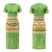 Hawaii Humuhumu Fish Maile Pikake Lei Couples Matching Short Sleeve Bodycon Dress and Hawaiian Shirt Tribal Tapa Green Version