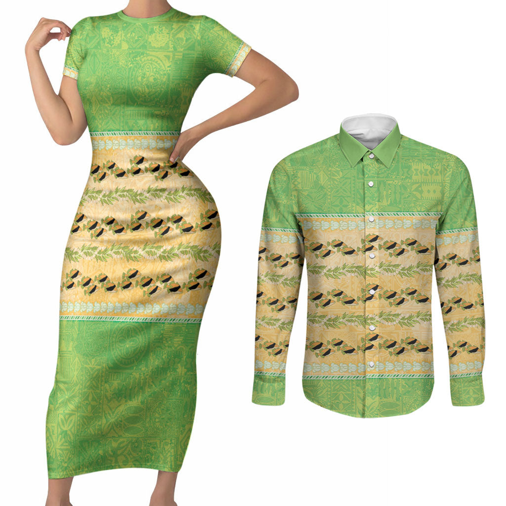Hawaii Humuhumu Fish Maile Pikake Lei Couples Matching Short Sleeve Bodycon Dress and Long Sleeve Button Shirt Tribal Tapa Green Version