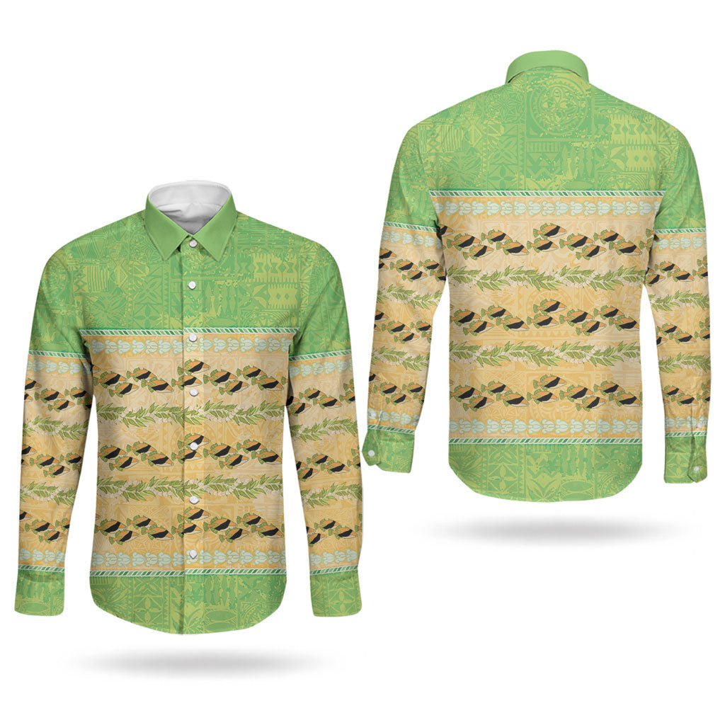 Hawaii Humuhumu Fish Maile Pikake Lei Couples Matching Short Sleeve Bodycon Dress and Long Sleeve Button Shirt Tribal Tapa Green Version