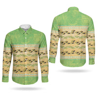 Hawaii Humuhumu Fish Maile Pikake Lei Couples Matching Summer Maxi Dress and Long Sleeve Button Shirt Tribal Tapa Green Version