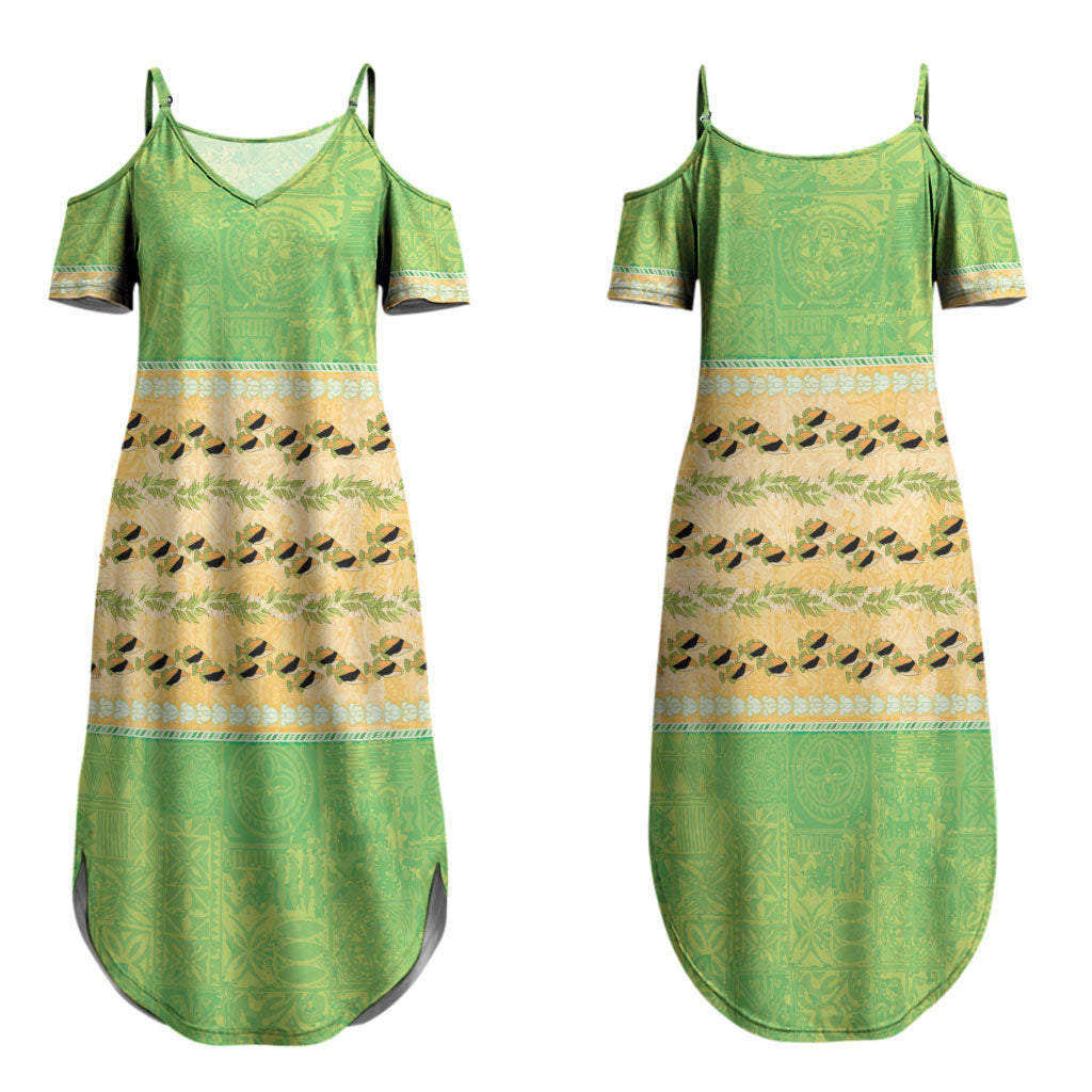 Hawaii Humuhumu Fish Maile Pikake Lei Couples Matching Summer Maxi Dress and Long Sleeve Button Shirt Tribal Tapa Green Version