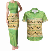 Hawaii Humuhumu Fish Maile Pikake Lei Couples Matching Tank Maxi Dress and Hawaiian Shirt Tribal Tapa Green Version