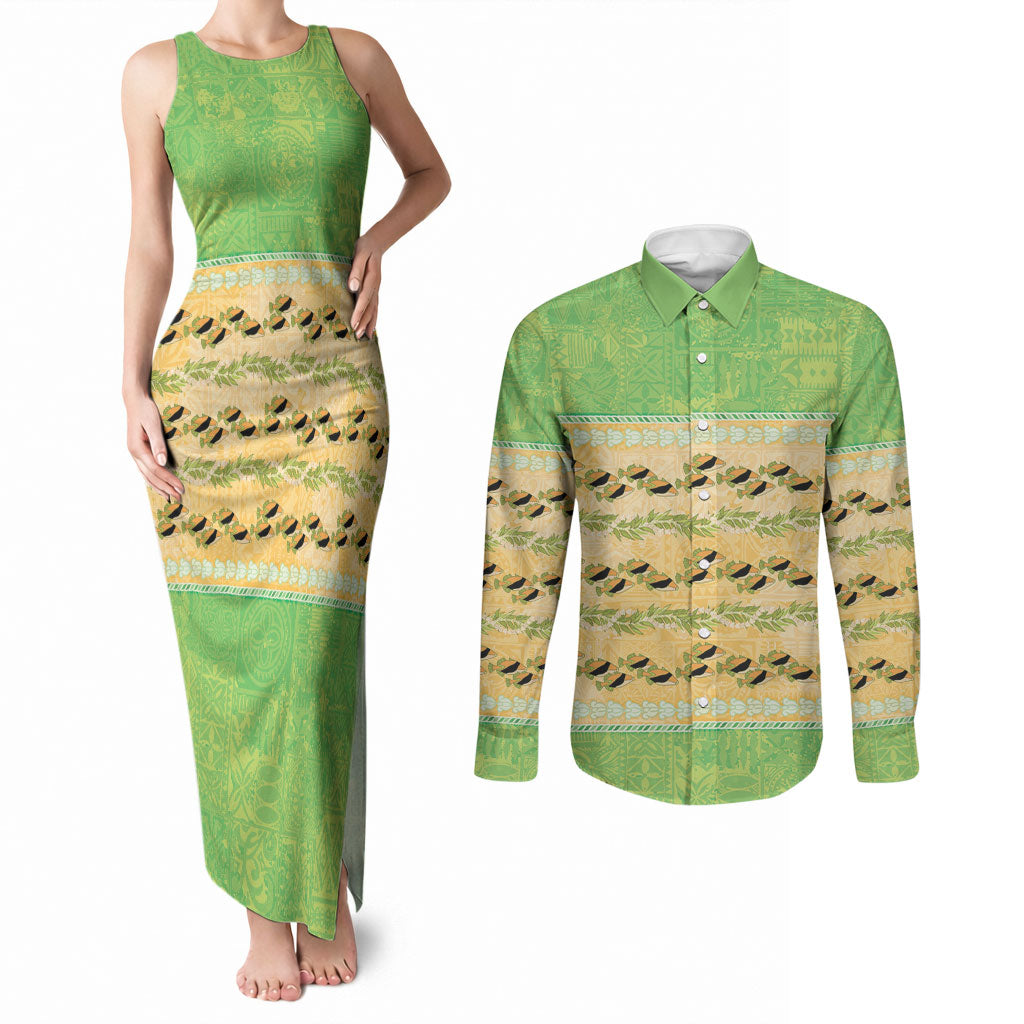 Hawaii Humuhumu Fish Maile Pikake Lei Couples Matching Tank Maxi Dress and Long Sleeve Button Shirt Tribal Tapa Green Version