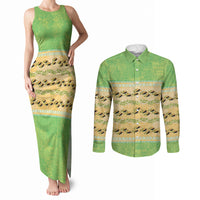 Hawaii Humuhumu Fish Maile Pikake Lei Couples Matching Tank Maxi Dress and Long Sleeve Button Shirt Tribal Tapa Green Version