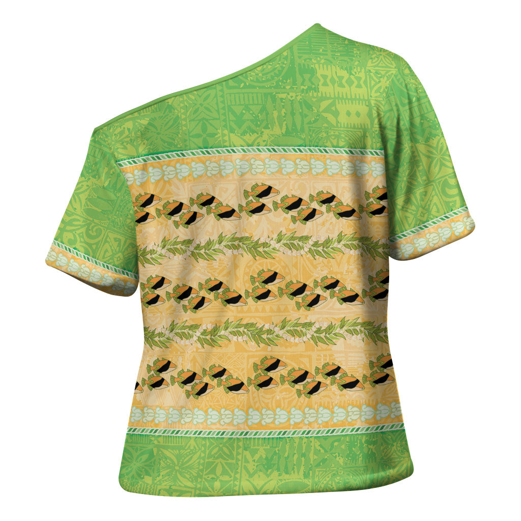 Hawaii Humuhumu Fish Maile Pikake Lei Cross Shoulder Shirt Tribal Tapa Green Version