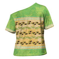 Hawaii Humuhumu Fish Maile Pikake Lei Cross Shoulder Shirt Tribal Tapa Green Version