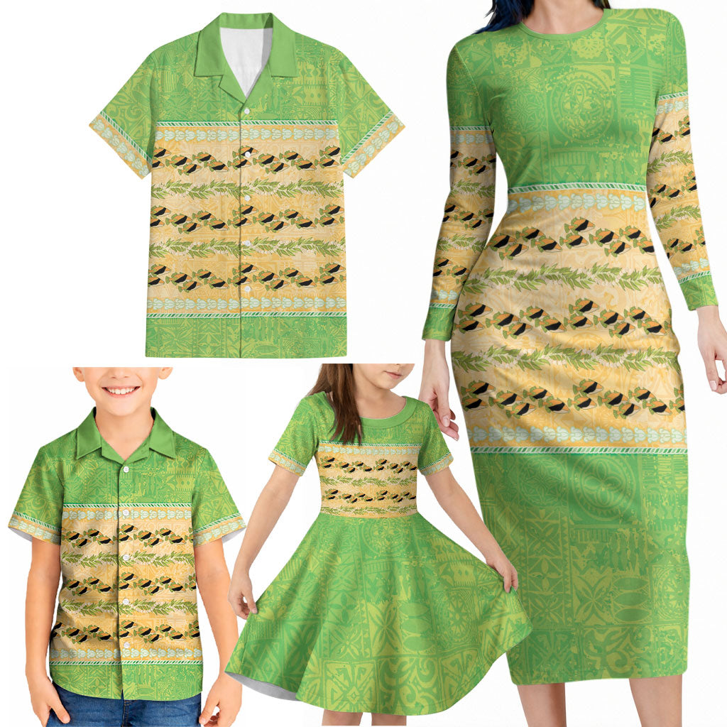 Hawaii Humuhumu Fish Maile Pikake Lei Family Matching Long Sleeve Bodycon Dress and Hawaiian Shirt Tribal Tapa Green Version LT05 - Polynesian Pride