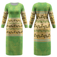 Hawaii Humuhumu Fish Maile Pikake Lei Family Matching Long Sleeve Bodycon Dress and Hawaiian Shirt Tribal Tapa Green Version