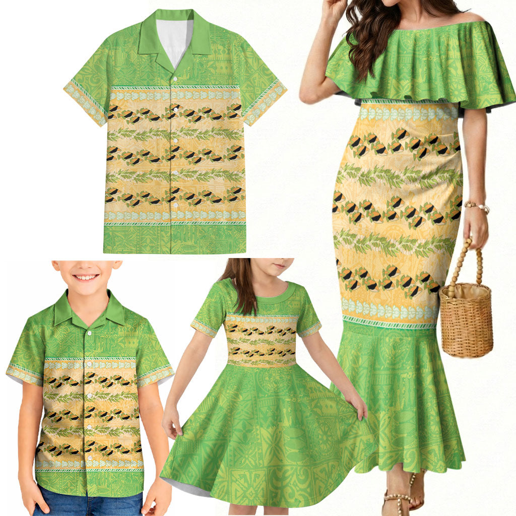 Hawaii Humuhumu Fish Maile Pikake Lei Family Matching Mermaid Dress and Hawaiian Shirt Tribal Tapa Green Version LT05 - Polynesian Pride