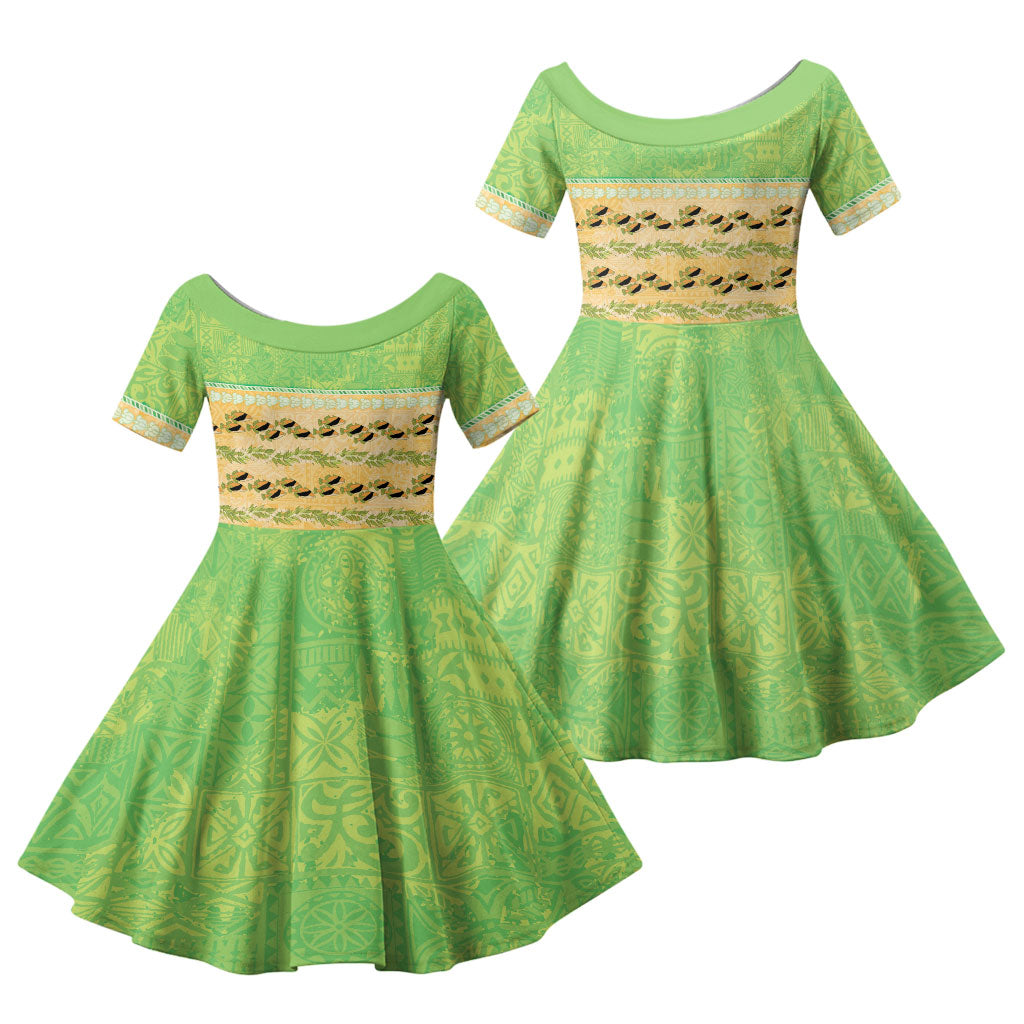Hawaii Humuhumu Fish Maile Pikake Lei Family Matching Mermaid Dress and Hawaiian Shirt Tribal Tapa Green Version