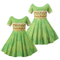 Hawaii Humuhumu Fish Maile Pikake Lei Family Matching Mermaid Dress and Hawaiian Shirt Tribal Tapa Green Version