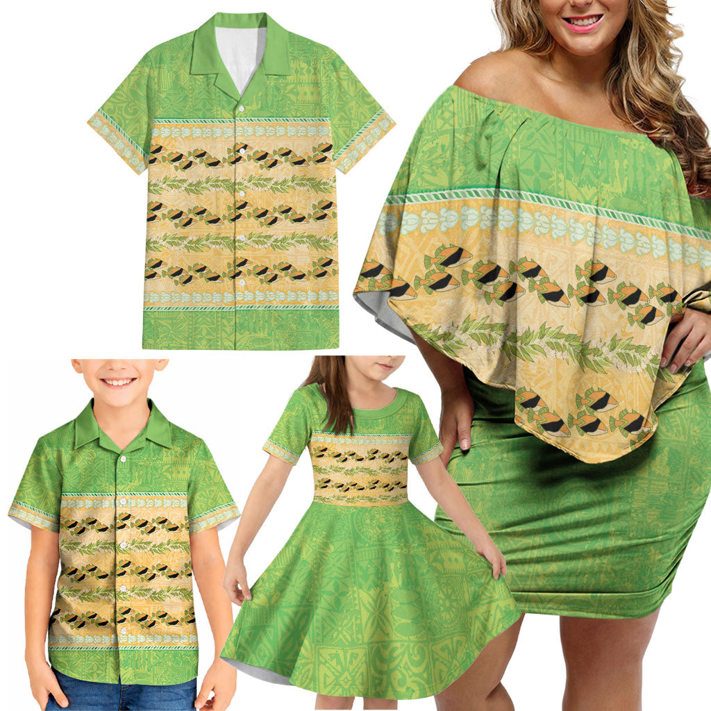Hawaii Humuhumu Fish Maile Pikake Lei Family Matching Off Shoulder Short Dress and Hawaiian Shirt Tribal Tapa Green Version