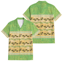 Hawaii Humuhumu Fish Maile Pikake Lei Family Matching Off Shoulder Short Dress and Hawaiian Shirt Tribal Tapa Green Version