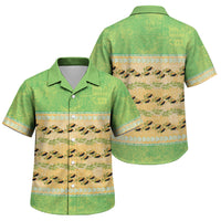 Hawaii Humuhumu Fish Maile Pikake Lei Family Matching Off Shoulder Short Dress and Hawaiian Shirt Tribal Tapa Green Version