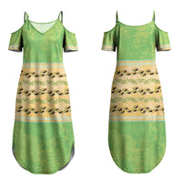 Hawaii Humuhumu Fish Maile Pikake Lei Family Matching Summer Maxi Dress and Hawaiian Shirt Tribal Tapa Green Version