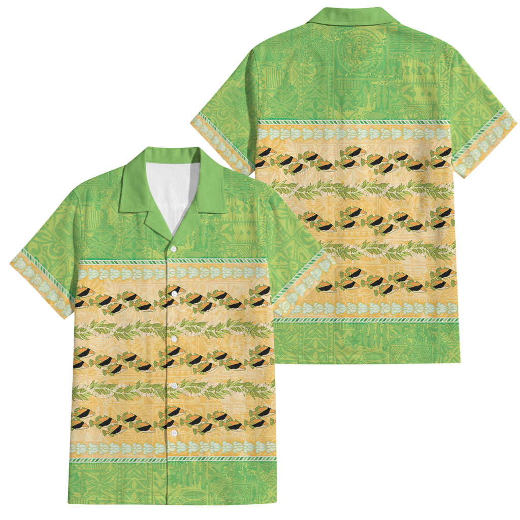 Hawaii Humuhumu Fish Maile Pikake Lei Family Matching Summer Maxi Dress and Hawaiian Shirt Tribal Tapa Green Version