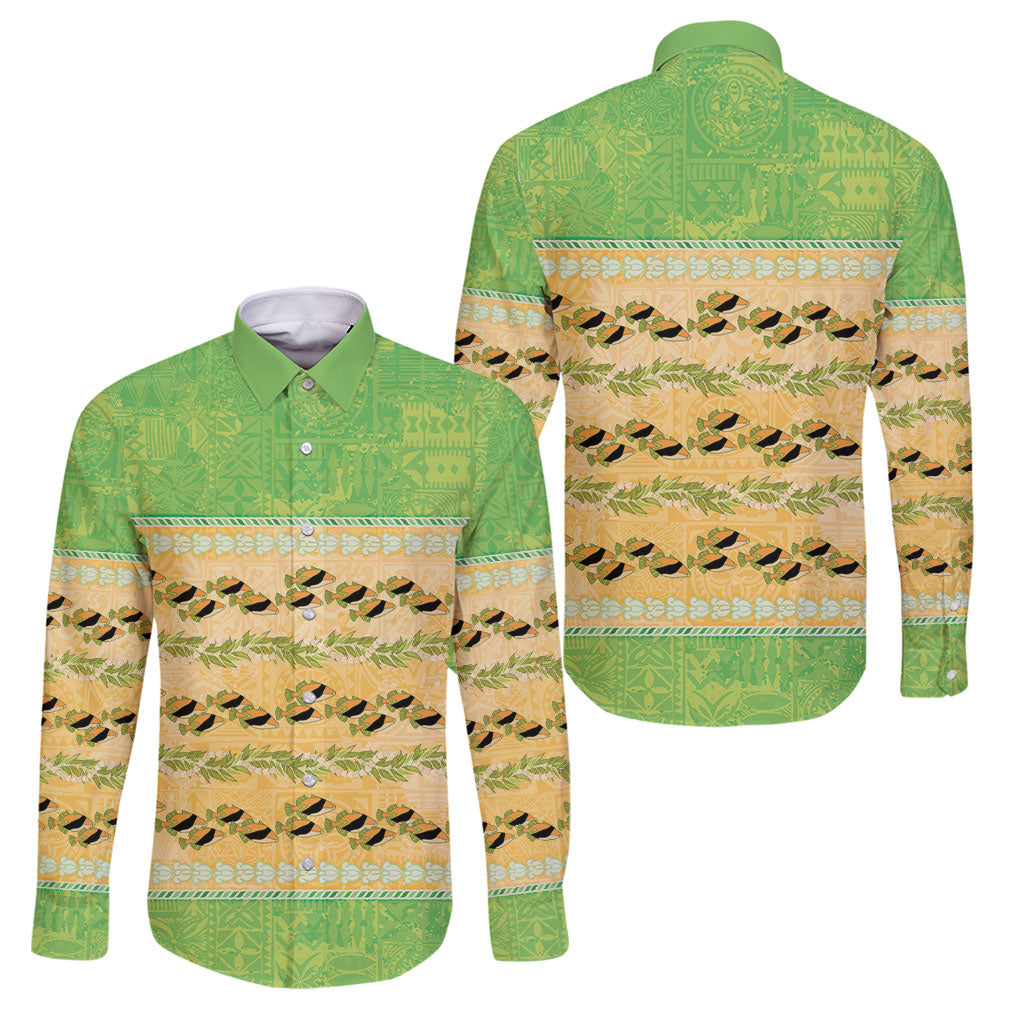 Hawaii Humuhumu Fish Maile Pikake Lei Family Matching Tank Maxi Dress and Hawaiian Shirt Tribal Tapa Green Version