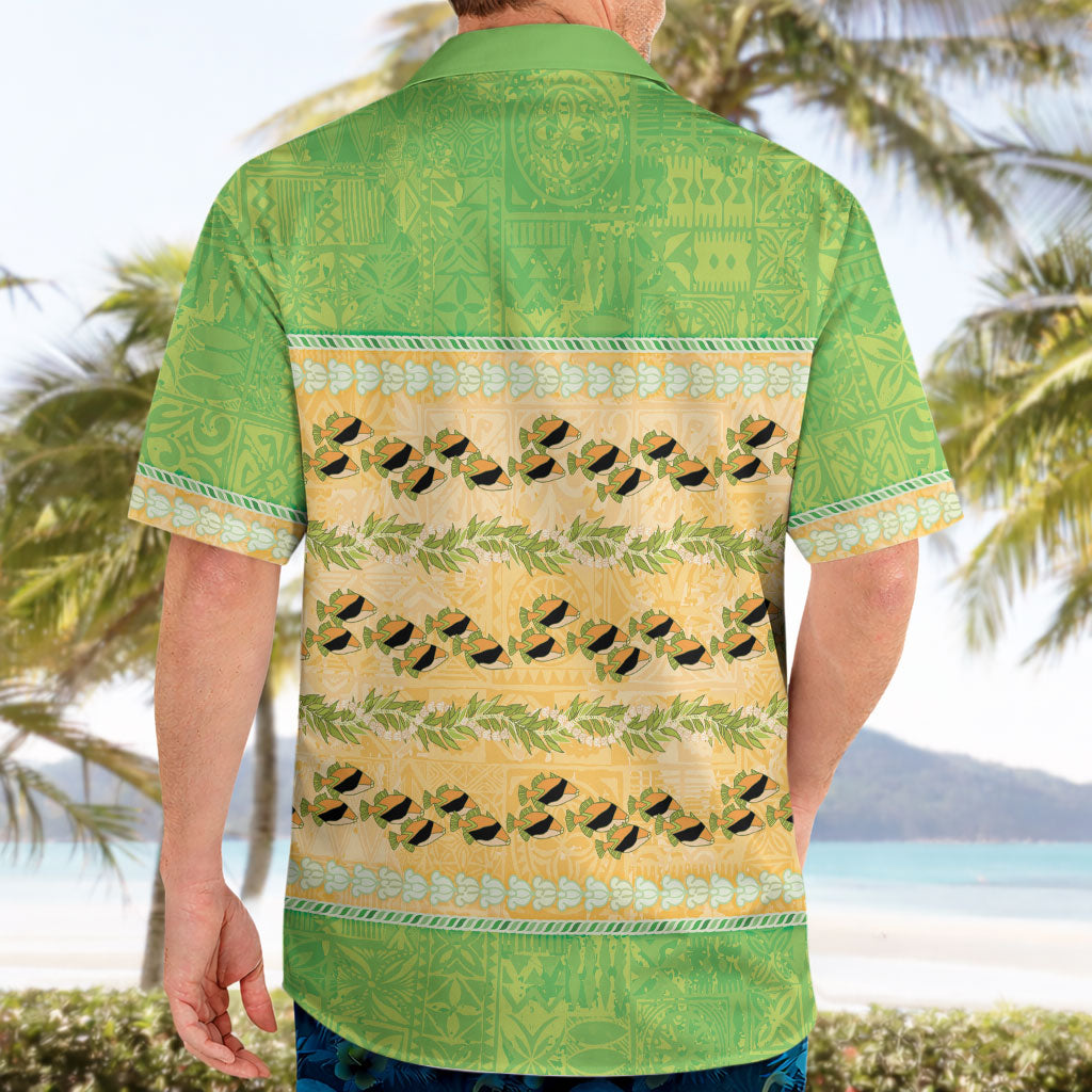 Hawaii Humuhumu Fish Maile Pikake Lei Hawaiian Shirt Tribal Tapa Green Version