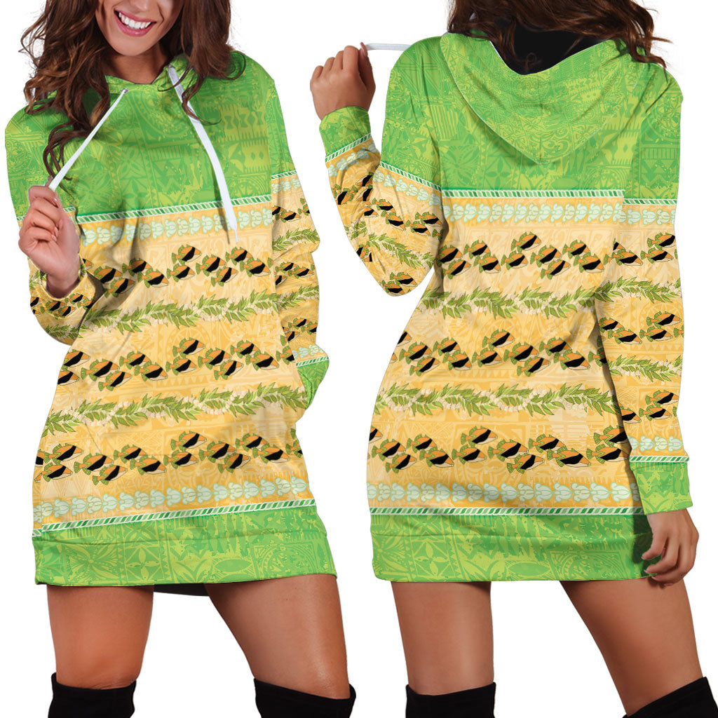 Hawaii Humuhumu Fish Maile Pikake Lei Hoodie Dress Tribal Tapa Green Version