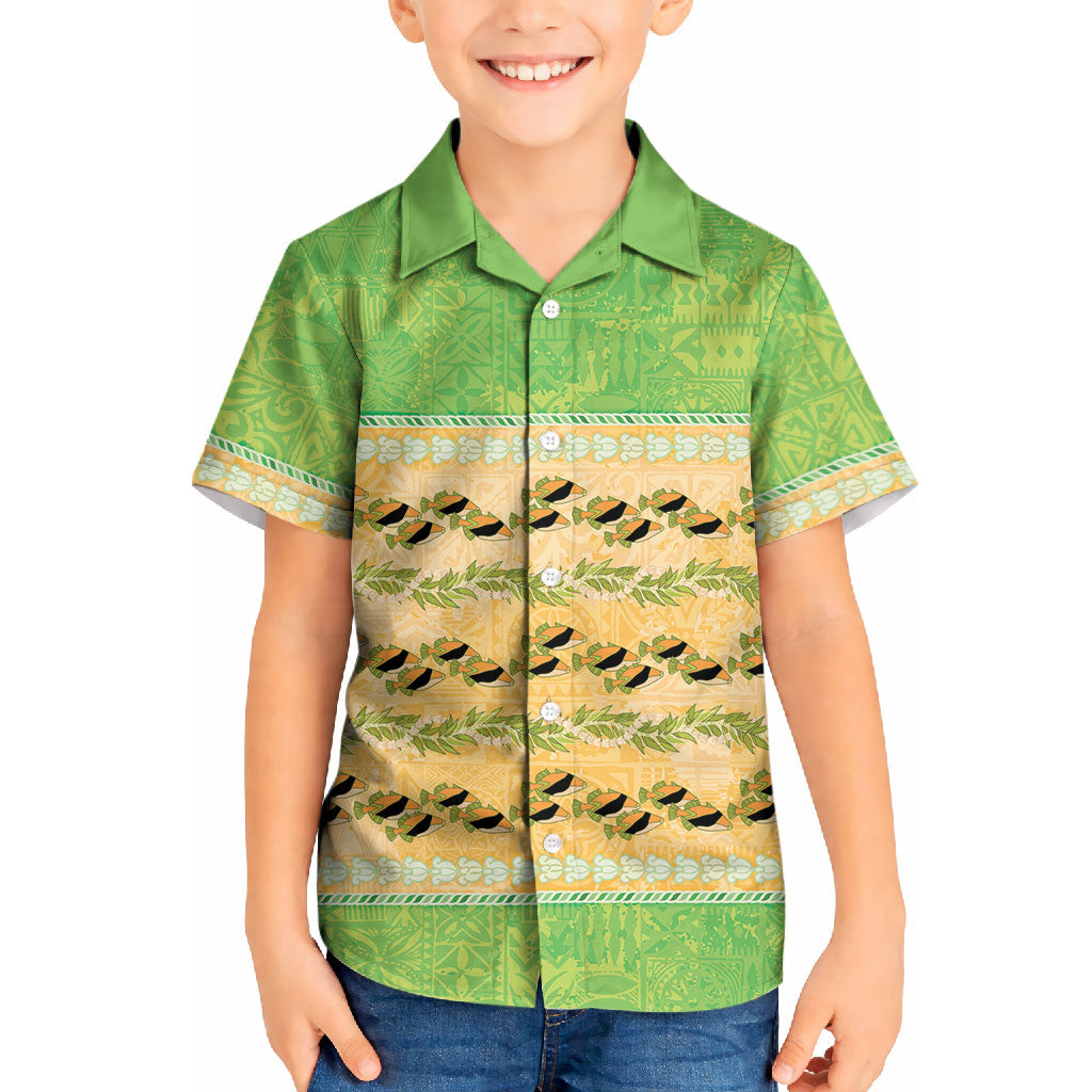 Hawaii Humuhumu Fish Maile Pikake Lei Kid Hawaiian Shirt Tribal Tapa Green Version
