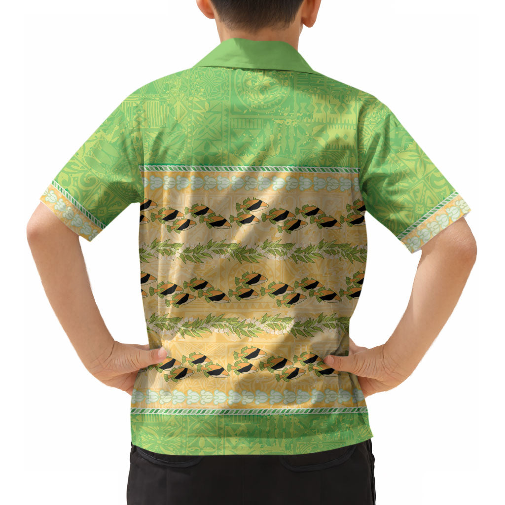 Hawaii Humuhumu Fish Maile Pikake Lei Kid Hawaiian Shirt Tribal Tapa Green Version