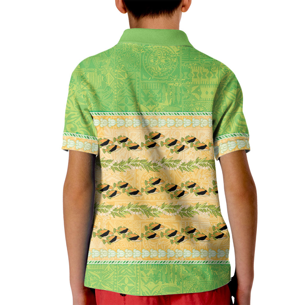 Hawaii Humuhumu Fish Maile Pikake Lei Kid Polo Shirt Tribal Tapa Green Version