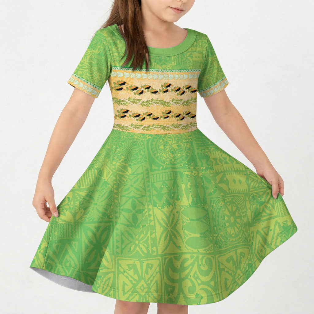 Hawaii Humuhumu Fish Maile Pikake Lei Kid Short Sleeve Dress Tribal Tapa Green Version