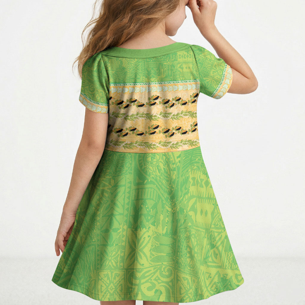 Hawaii Humuhumu Fish Maile Pikake Lei Kid Short Sleeve Dress Tribal Tapa Green Version