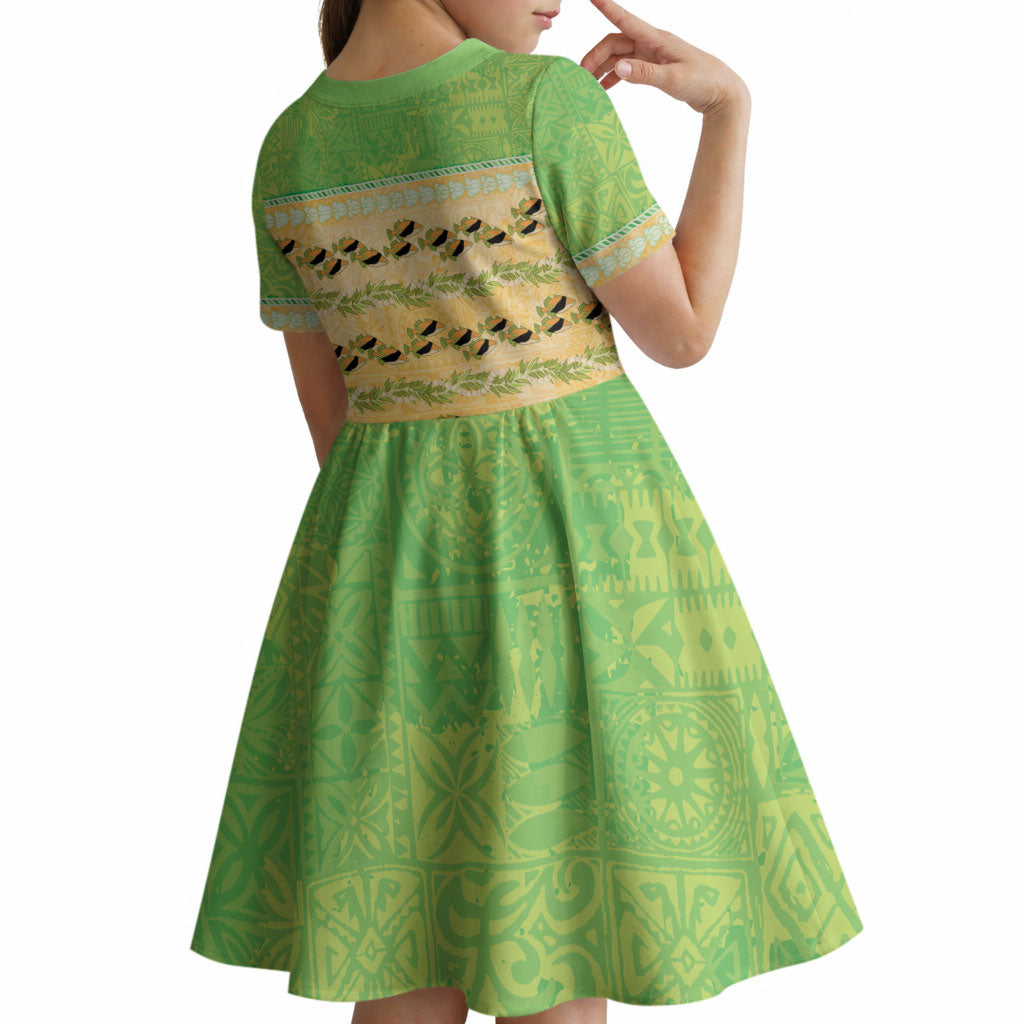 Hawaii Humuhumu Fish Maile Pikake Lei Kid Short Sleeve Dress Tribal Tapa Green Version