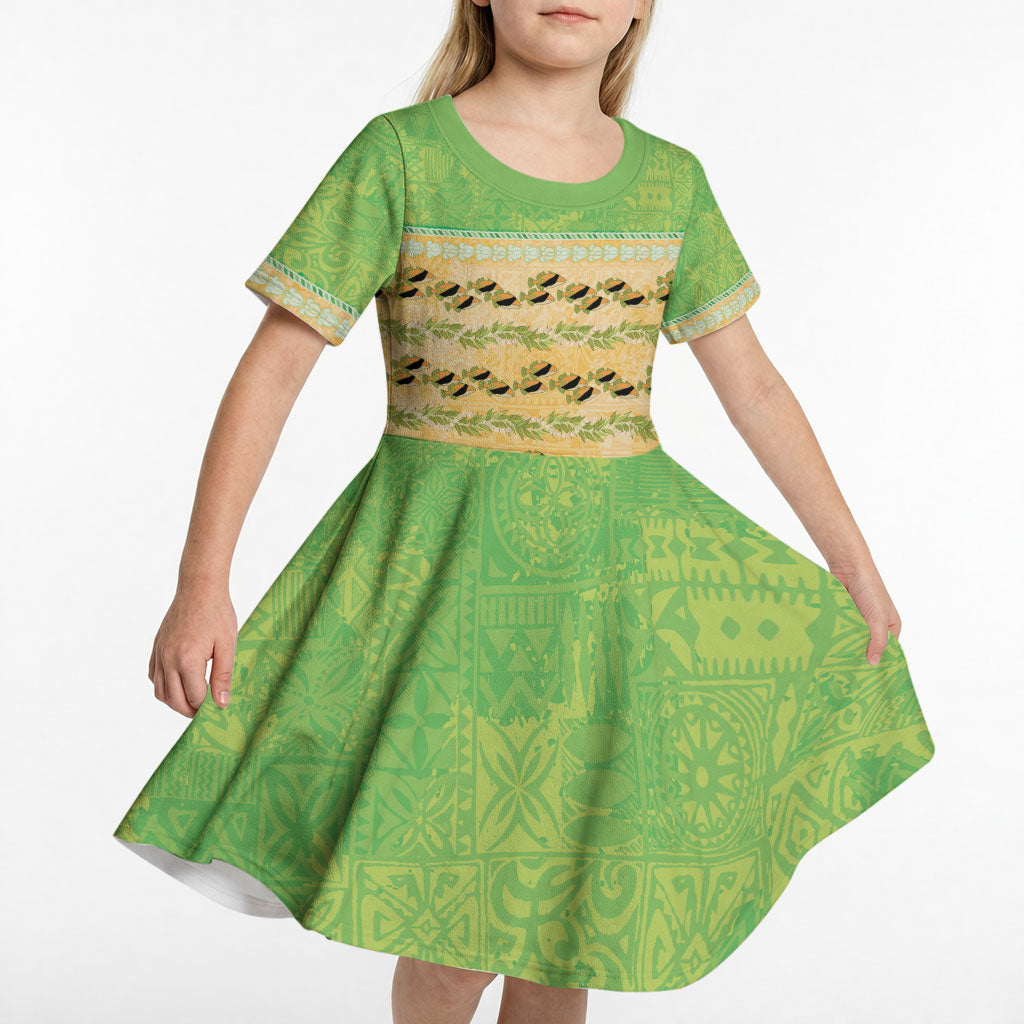 Hawaii Humuhumu Fish Maile Pikake Lei Kid Short Sleeve Dress Tribal Tapa Green Version