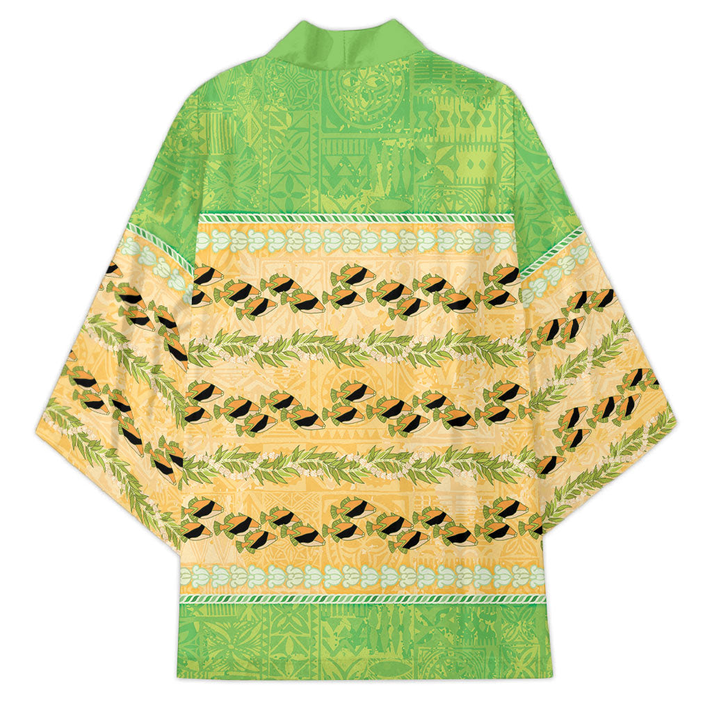 Hawaii Humuhumu Fish Maile Pikake Lei Kimono Tribal Tapa Green Version