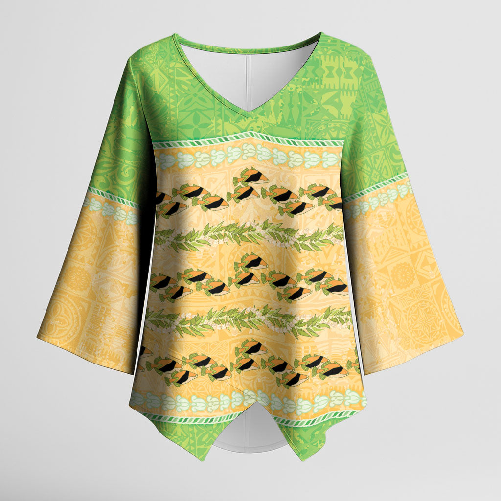 Hawaii Humuhumu Fish Maile Pikake Lei Kimono Sleeve Blouse Tribal Tapa Green Version