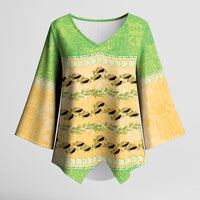 Hawaii Humuhumu Fish Maile Pikake Lei Kimono Sleeve Blouse Tribal Tapa Green Version