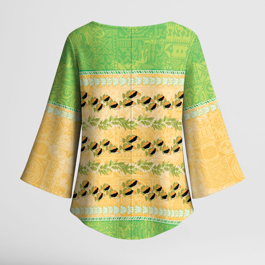 Hawaii Humuhumu Fish Maile Pikake Lei Kimono Sleeve Blouse Tribal Tapa Green Version