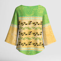 Hawaii Humuhumu Fish Maile Pikake Lei Kimono Sleeve Blouse Tribal Tapa Green Version