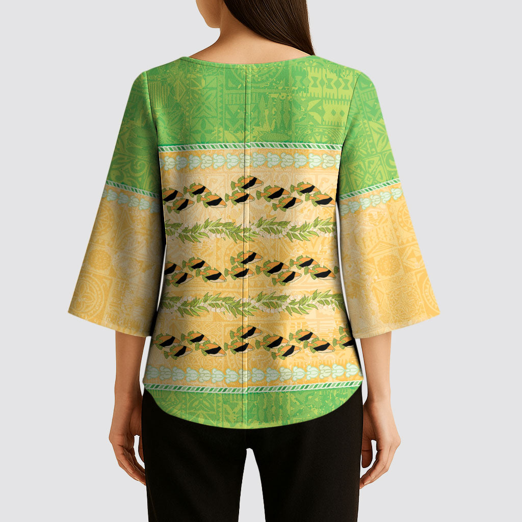 Hawaii Humuhumu Fish Maile Pikake Lei Kimono Sleeve Blouse Tribal Tapa Green Version