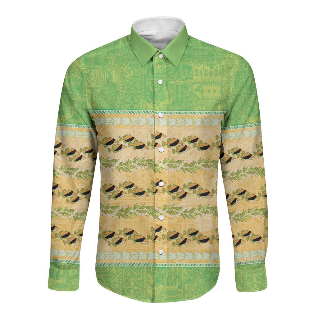 Hawaii Humuhumu Fish Maile Pikake Lei Long Sleeve Button Shirt Tribal Tapa Green Version LT05 Unisex Green - Polynesian Pride