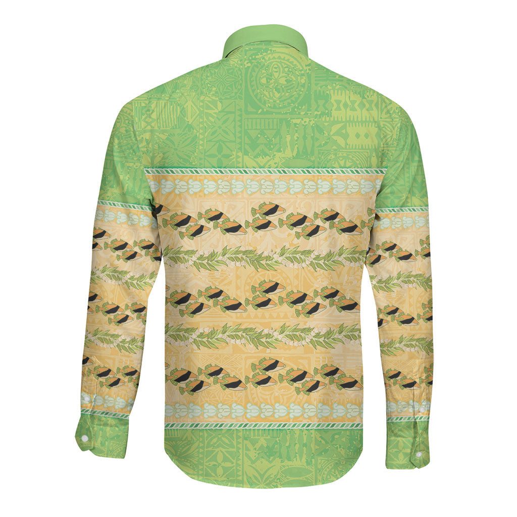 Hawaii Humuhumu Fish Maile Pikake Lei Long Sleeve Button Shirt Tribal Tapa Green Version