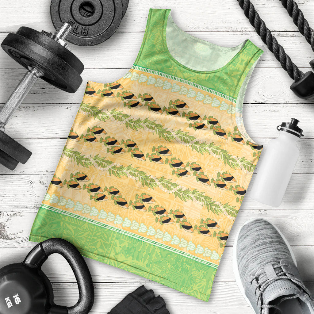Hawaii Humuhumu Fish Maile Pikake Lei Men Tank Top Tribal Tapa Green Version