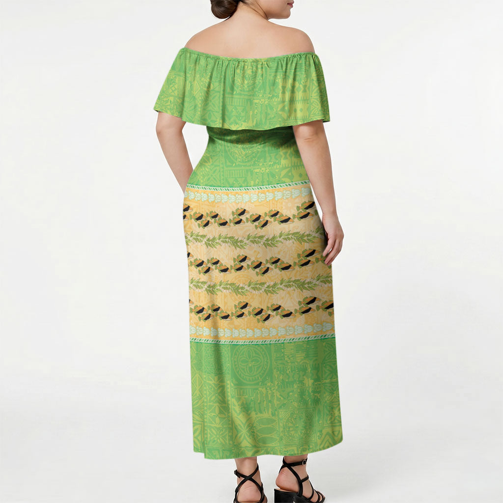 Hawaii Humuhumu Fish Maile Pikake Lei Off Shoulder Maxi Dress Tribal Tapa Green Version