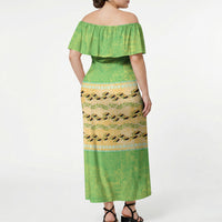 Hawaii Humuhumu Fish Maile Pikake Lei Off Shoulder Maxi Dress Tribal Tapa Green Version