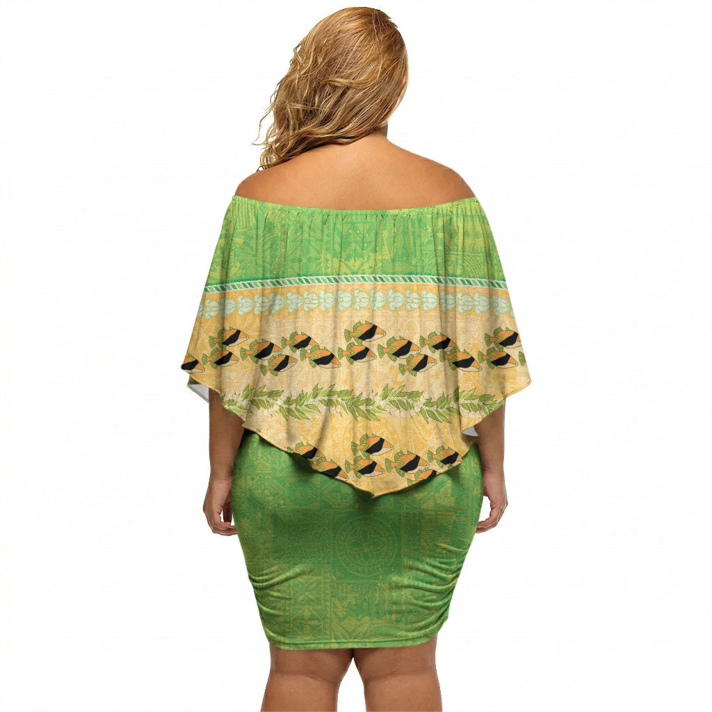 Hawaii Humuhumu Fish Maile Pikake Lei Off Shoulder Short Dress Tribal Tapa Green Version