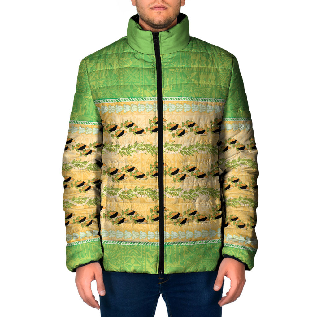 Hawaii Humuhumu Fish Maile Pikake Lei Padded Jacket Tribal Tapa Green Version LT05 Men Green - Polynesian Pride