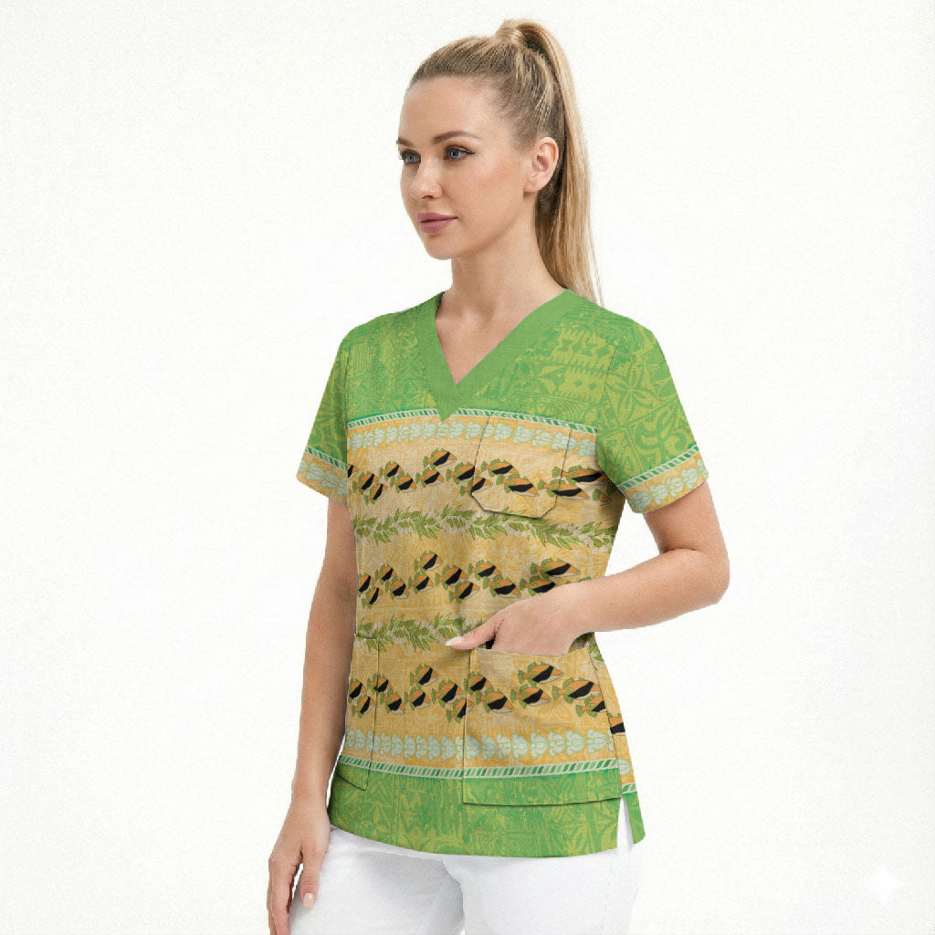 Hawaii Humuhumu Fish Maile Pikake Lei Scrub Top Tribal Tapa Green Version