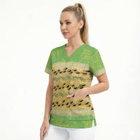 Hawaii Humuhumu Fish Maile Pikake Lei Scrub Top Tribal Tapa Green Version