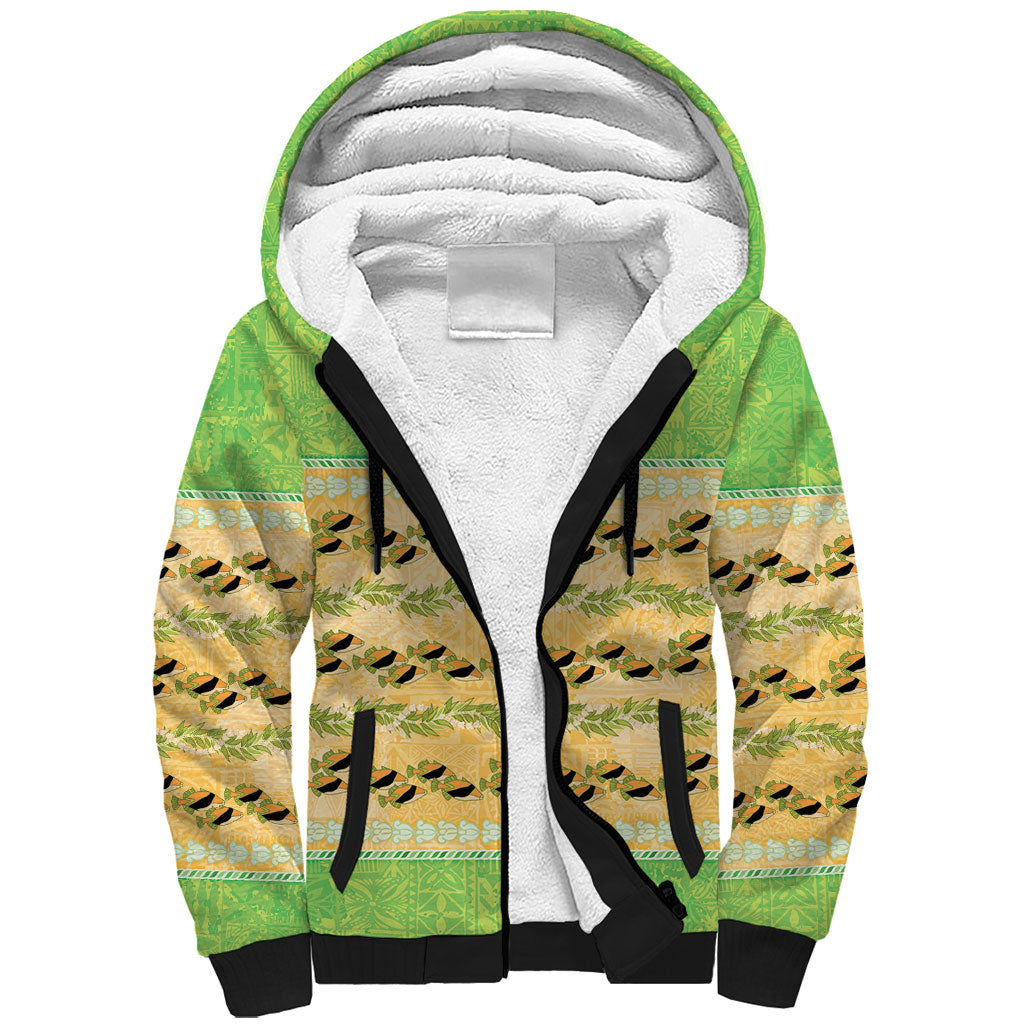 Hawaii Humuhumu Fish Maile Pikake Lei Sherpa Hoodie Tribal Tapa Green Version