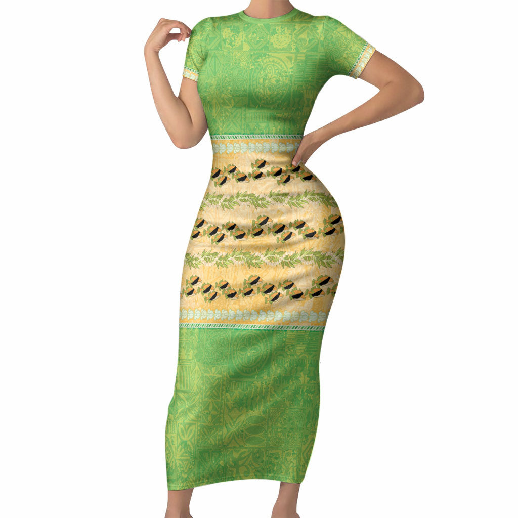Hawaii Humuhumu Fish Maile Pikake Lei Short Sleeve Bodycon Dress Tribal Tapa Green Version
