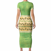 Hawaii Humuhumu Fish Maile Pikake Lei Short Sleeve Bodycon Dress Tribal Tapa Green Version