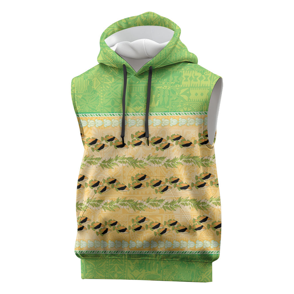 Hawaii Humuhumu Fish Maile Pikake Lei Sleeveless Hoodie Tribal Tapa Green Version